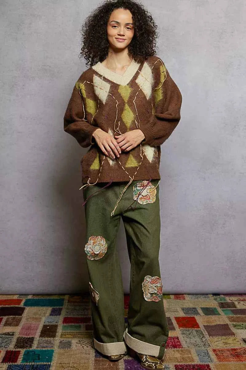 POL V-Neck Argyle Pattern Mohair Sweater with Contrast Exposed Stitch Detail POL V-Neck Argyle Pattern Mohair Sweater with Contrast Exposed Stitch Detail