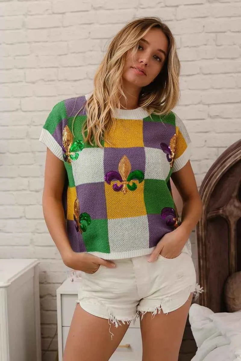 BiBi Sequin Embroidery Mardi Gras Checker Sweater Top BiBi Sequin Embroidery Mardi Gras Checker Sweater Top