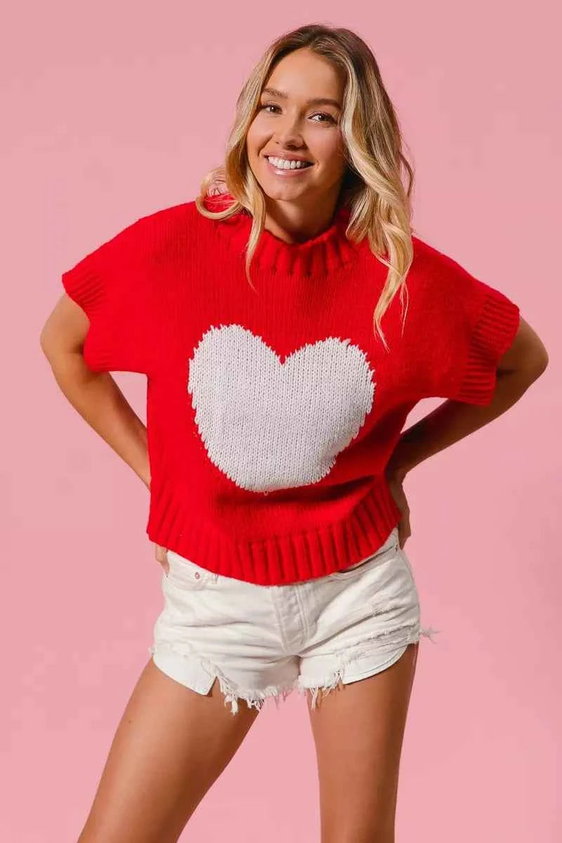 BiBi Rib Banded Heart Pattern Valentines Sweater BiBi Rib Banded Heart Pattern Valentines Sweater