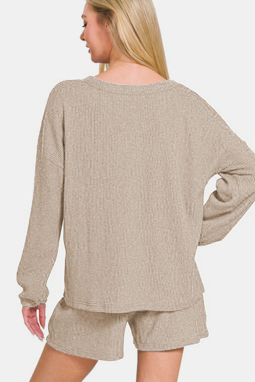 Zenana V-Neck Long Sleeve Ribbed Top and Shorts Set Zenana V-Neck Long Sleeve Ribbed Top and Shorts Set - TopFashionHQ