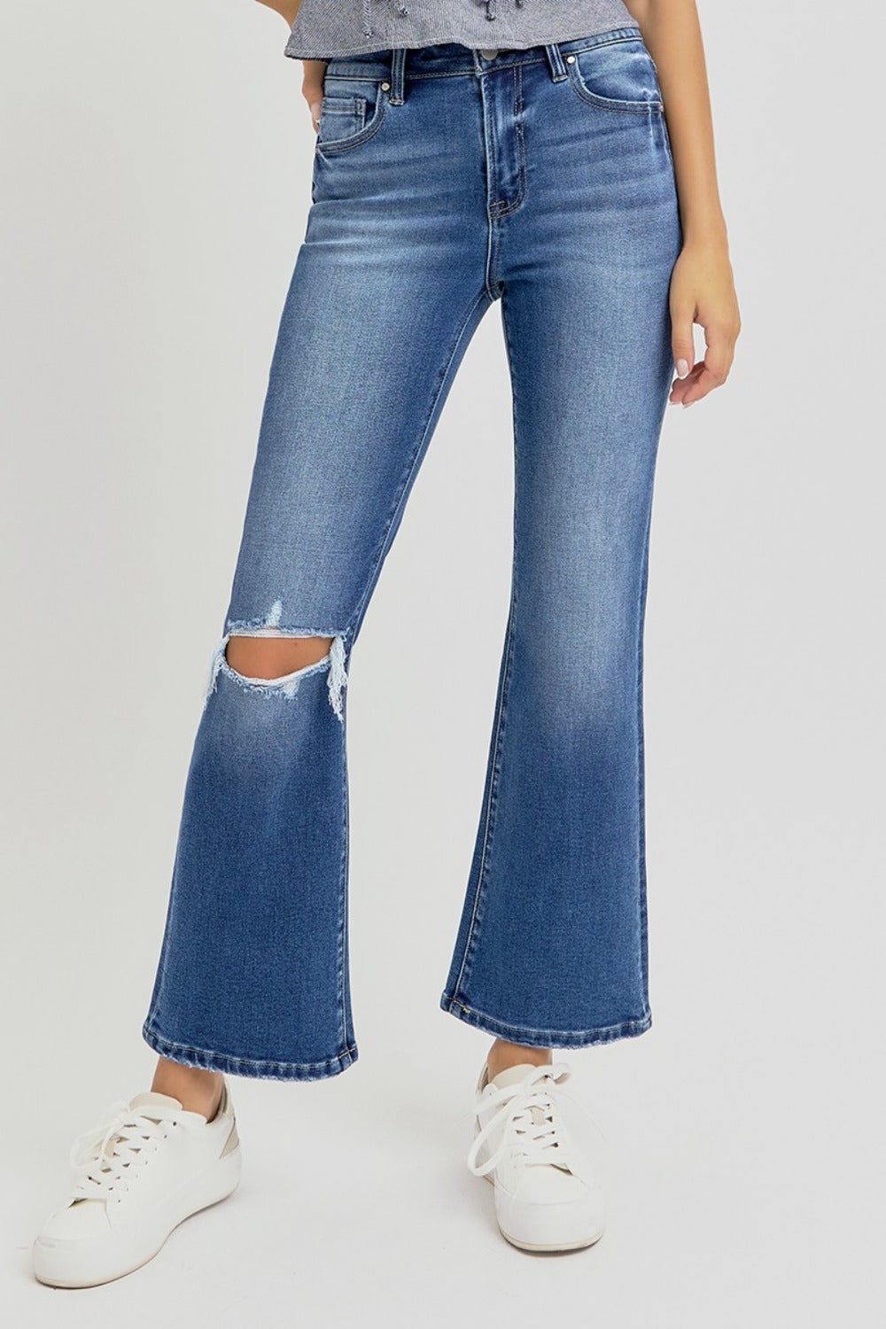 RISEN Full Size Distressed High Rise Crop Flare Jeans RISEN Full Size Distressed High Rise Crop Flare Jeans - TopFashionHQ