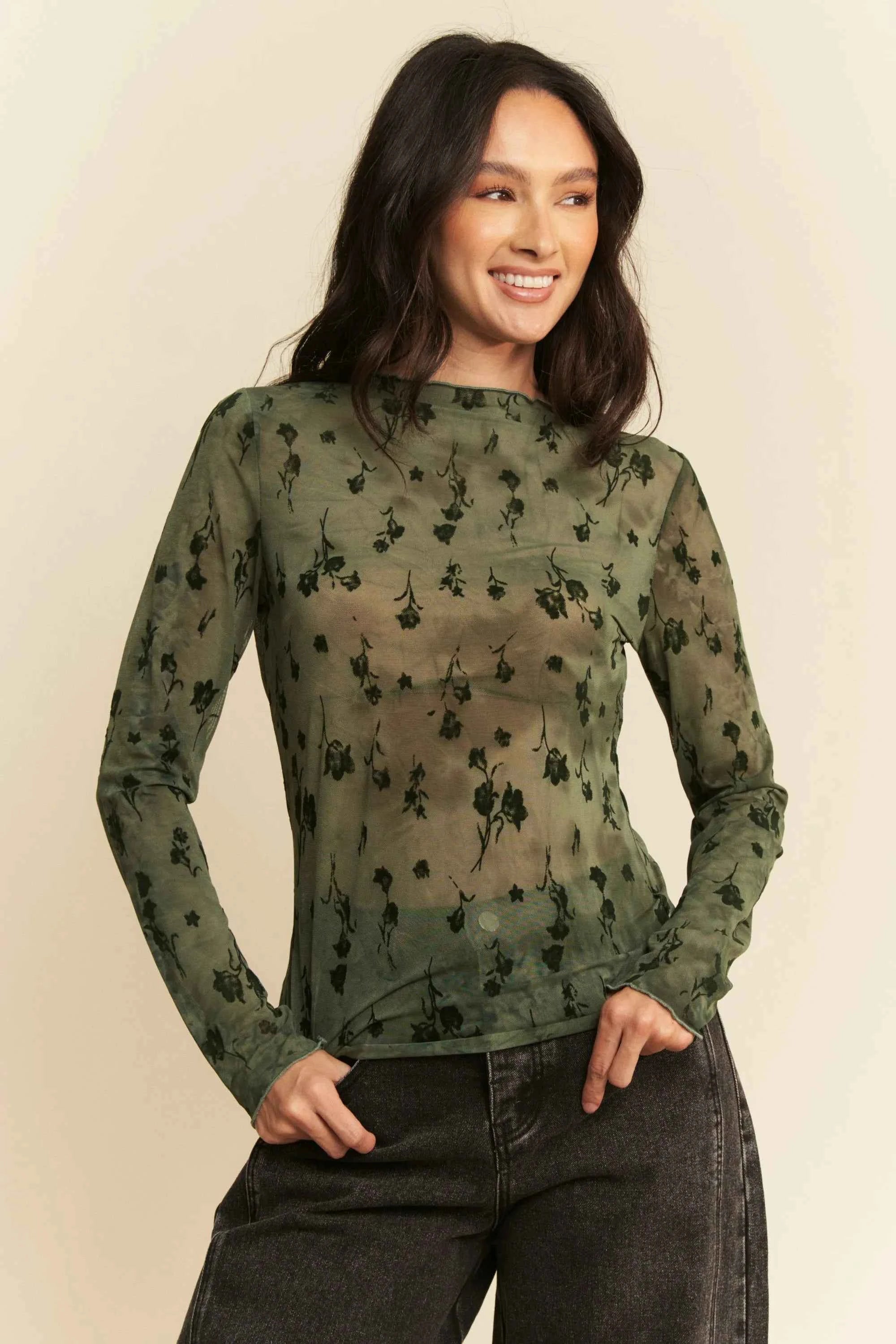 Davi & Dani Floral Mesh Long Sleeve Sheer Layering Top Davi & Dani Floral Mesh Long Sleeve Sheer Layering Top