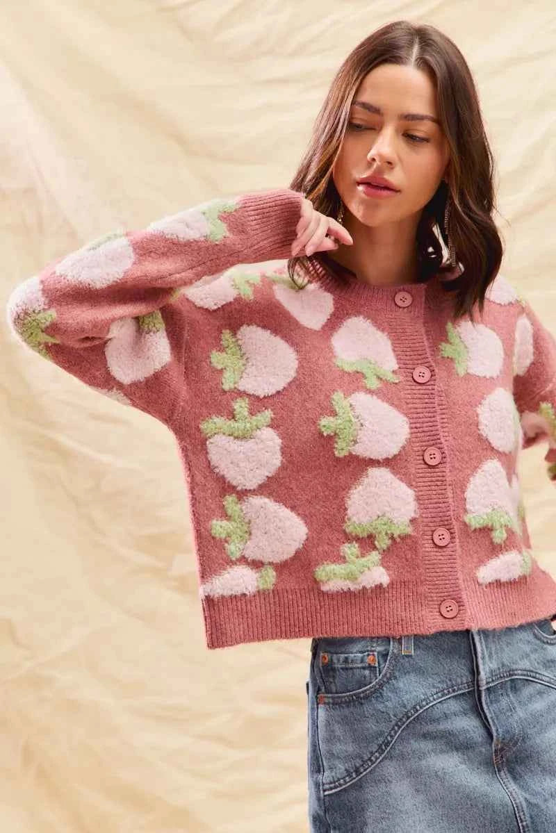 SO ME Strawberry Fruit All Over Button Sweater Cardigan SO ME Strawberry Fruit All Over Button Sweater Cardigan