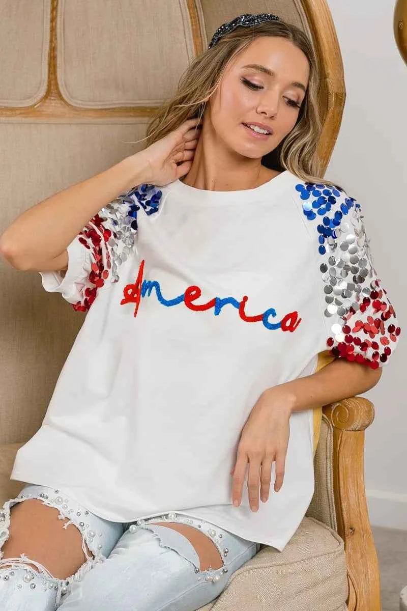 BiBi America Letter Applique Spangle Puff Sleeves Top BiBi America Letter Applique Spangle Puff Sleeves Top