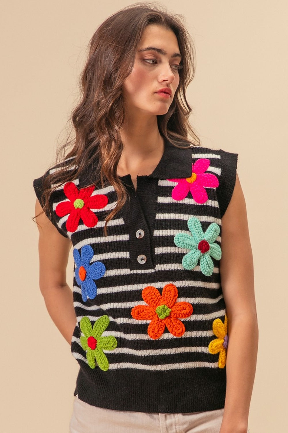 BiBi Flower Patch Striped Half Button Sweater Vest BiBi Flower Patch Striped Half Button Sweater Vest - TopFashionHQ
