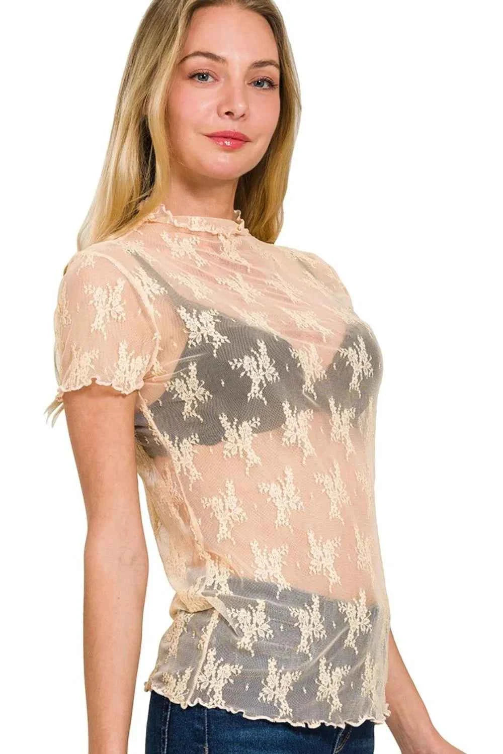 Zenana Lace See-through Layering Short Sleeve Top Zenana Lace See-through Layering Short Sleeve Top
