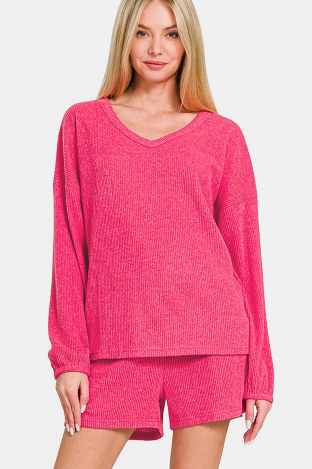 Zenana V-Neck Long Sleeve Ribbed Top and Shorts Set Zenana V-Neck Long Sleeve Ribbed Top and Shorts Set - TopFashionHQ