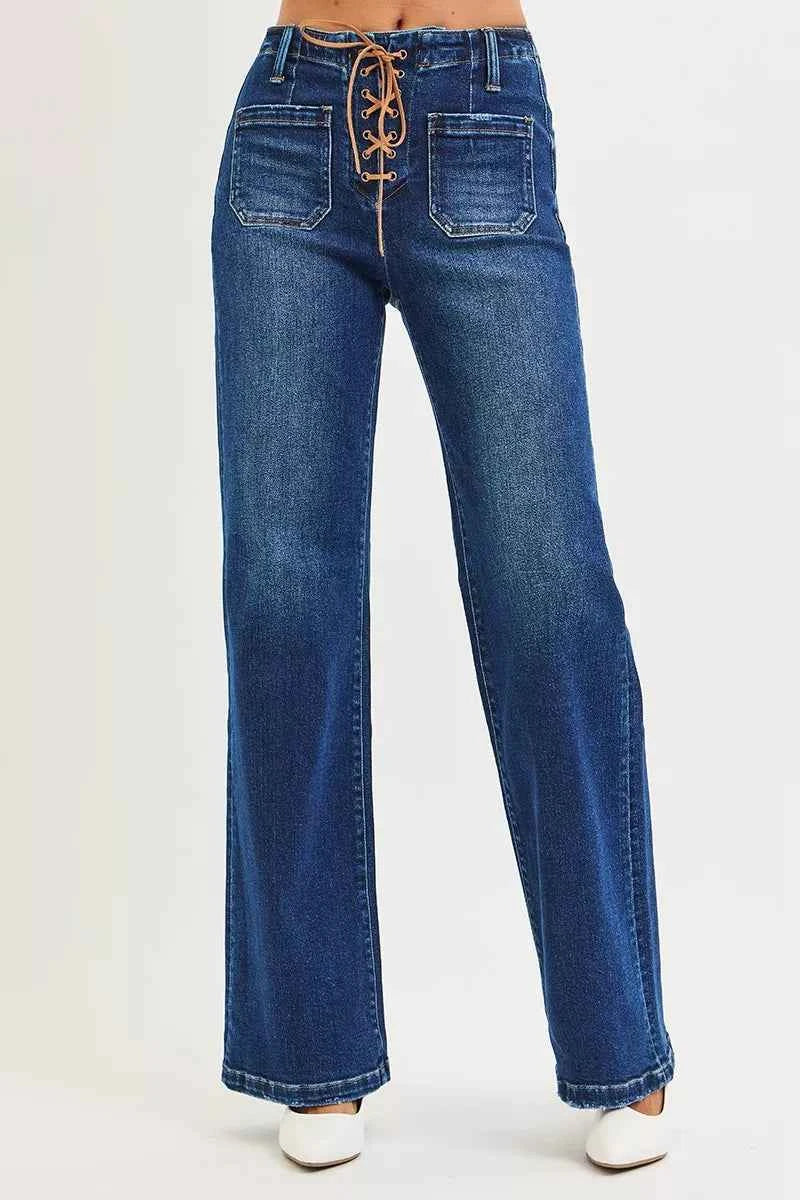 RISEN Full Size High Rise Wide Leg Jeans with Front Tie Detail Plus Size RISEN Full Size High Rise Wide Leg Jeans with Front Tie Detail Plus Size