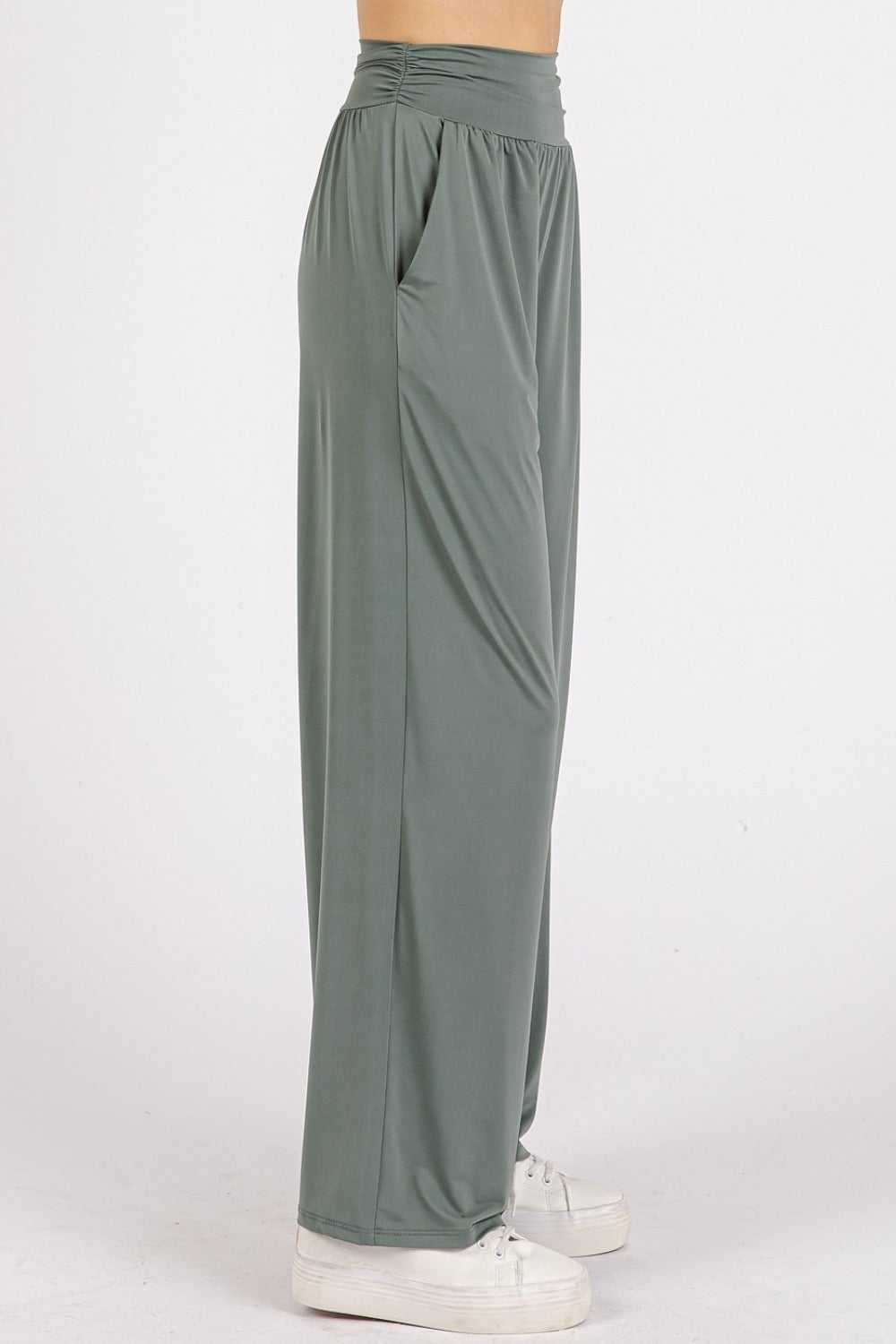 Mittoshop Stretch Banded Waist Wide Leg Pants with Pockets Mittoshop Stretch Banded Waist Wide Leg Pants with Pockets