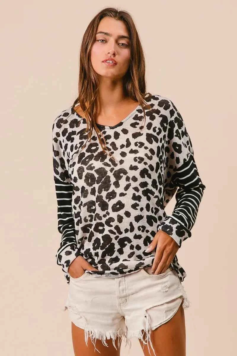 BiBi Leopard Hacci Knit Twist Back Top With Stripe Sleeve BiBi Leopard Hacci Knit Twist Back Top With Stripe Sleeve