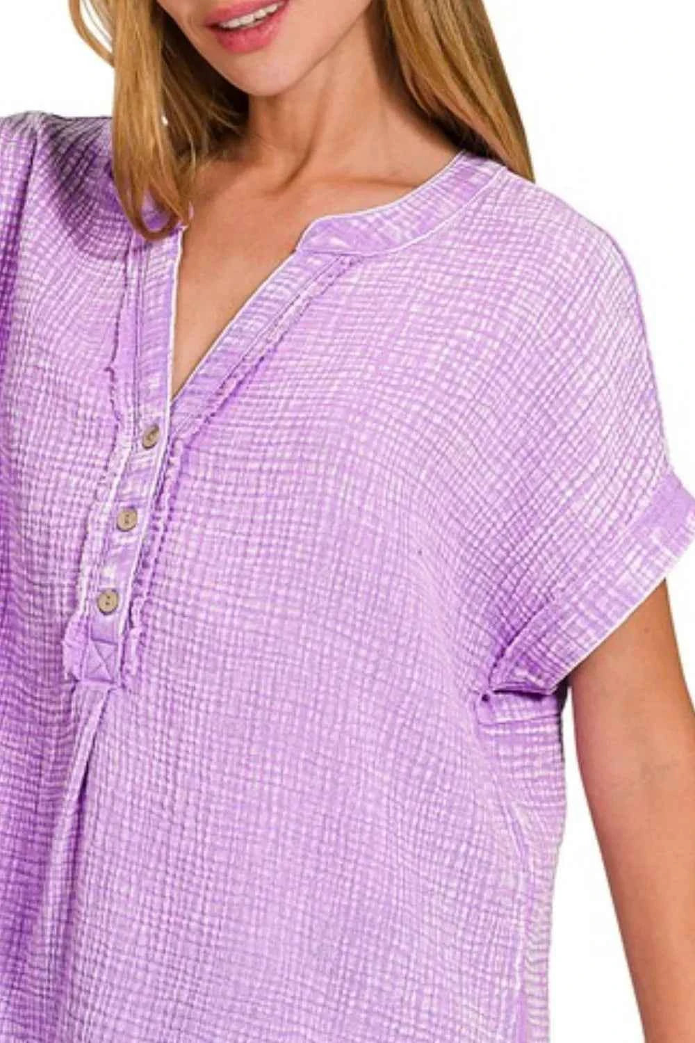 Zenana Washed Double Gauze 3/4 Button Henley Neck Shirt Zenana Washed Double Gauze 3/4 Button Henley Neck Shirt