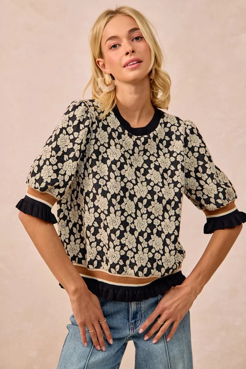 BiBi Textured Rose Knit Top Contrast Banded Puff Sleeve 01b44f7b-296f-4a67-bbb0-55d077c82ccd-Max-Origin