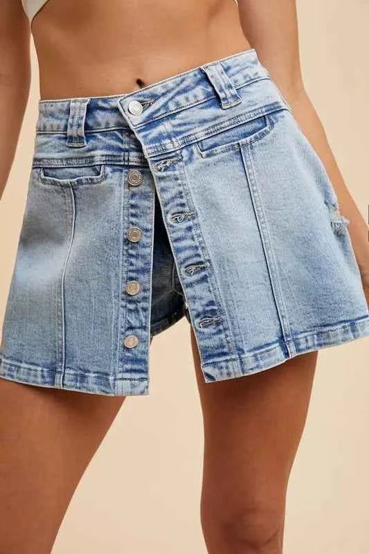 Annie Wear Button Detail Stretch Denim Wrap Mini Skort Annie Wear Button Detail Stretch Denim Wrap Mini Skort