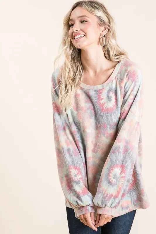 BiBi Brushed Tie Dye Print Top with Puff Sleeves BiBi Brushed Tie Dye Print Top with Puff Sleeves