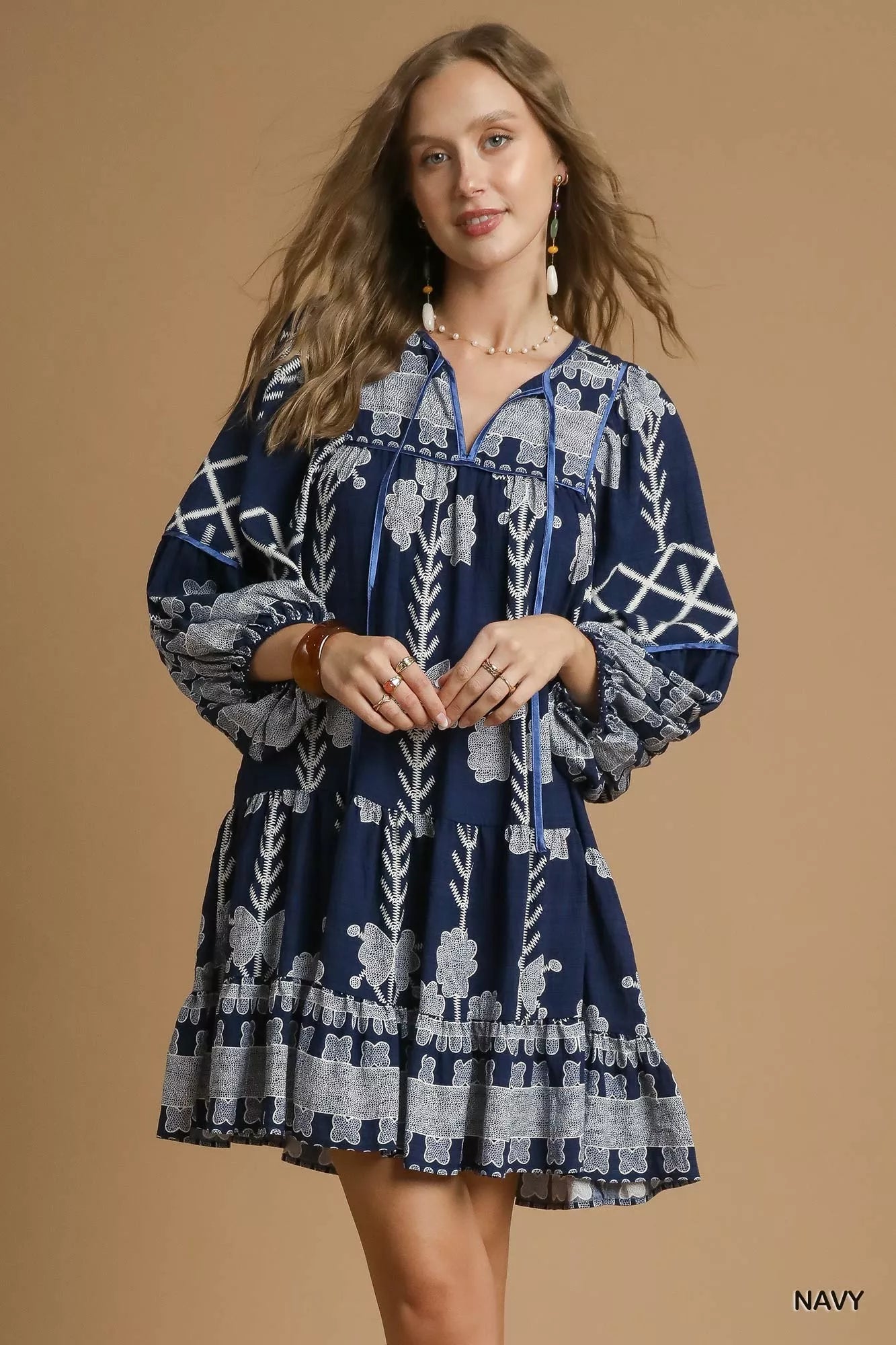 Umgee Tribal Print Dress with Tie Neck 01f34951-2de5-4246-8d74-715408ed47e9-Max-Origin