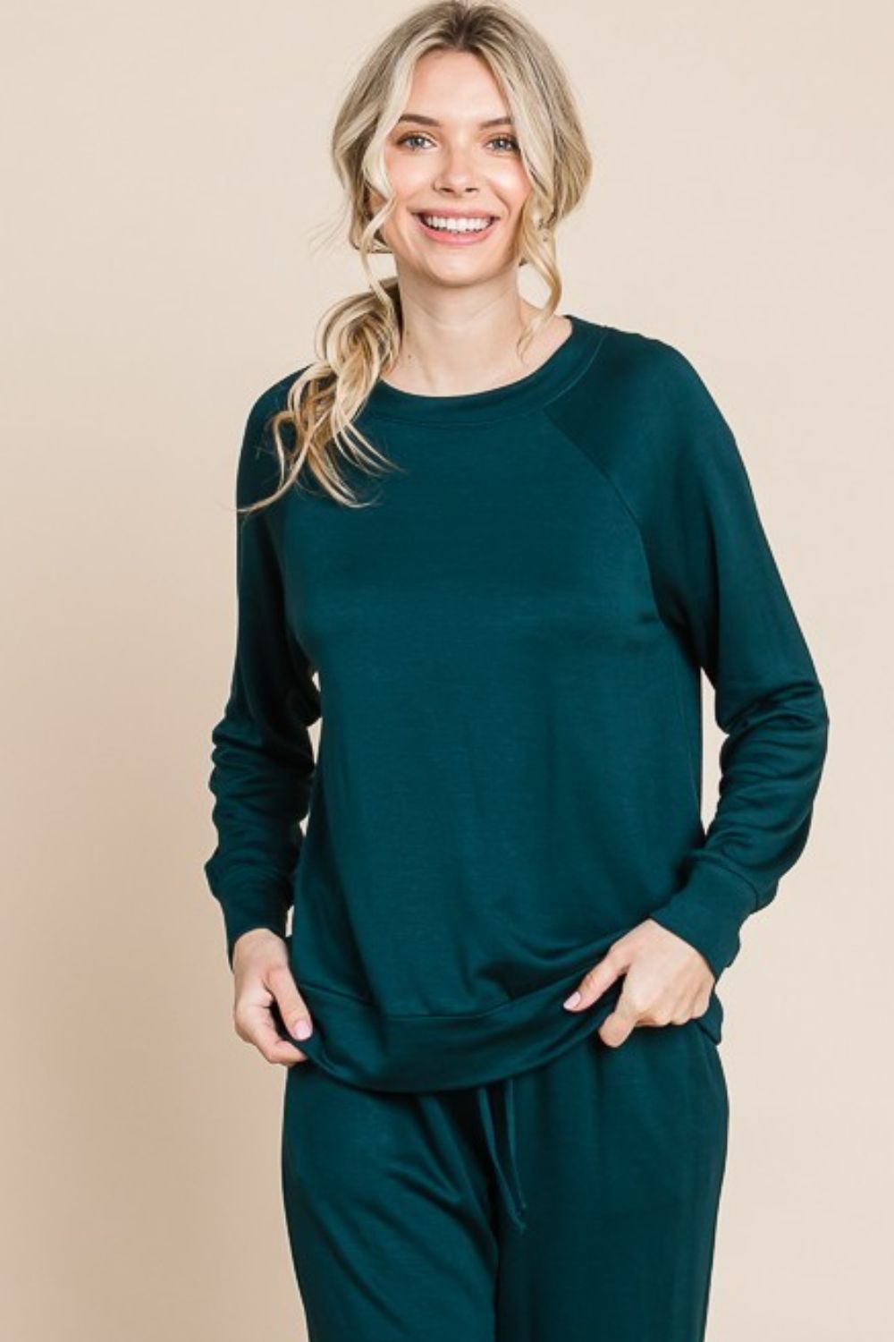 Super Lady Round Neck Raglan Sleeve Top and Drawstring Pants Lounge Set Super Lady Round Neck Raglan Sleeve Top and Drawstring Pants Lounge Set