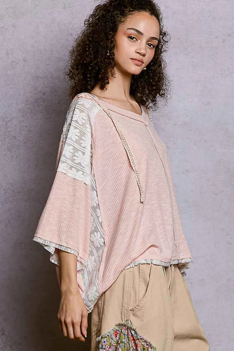 POL Short Sleeve Hoodie Top with Lace Detail POL Short Sleeve Hoodie Top with Lace Detail