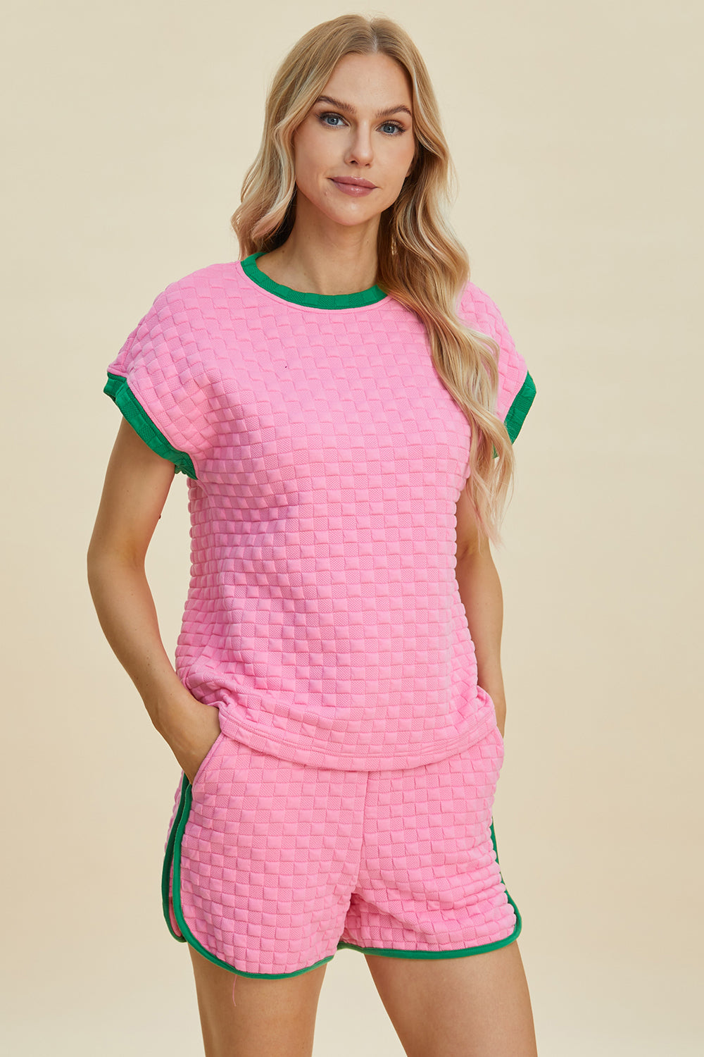 Double Take Full Size Texture Contrast T-Shirt and Shorts Set Double Take Full Size Texture Contrast T-Shirt and Shorts Set