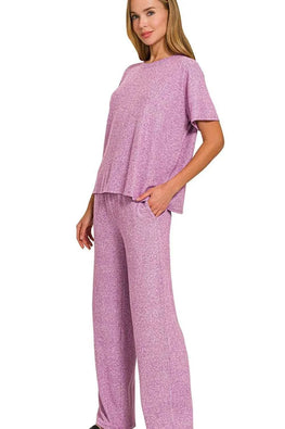 Zenana Soft Melange Short Sleeve Tee & Long Pants Set