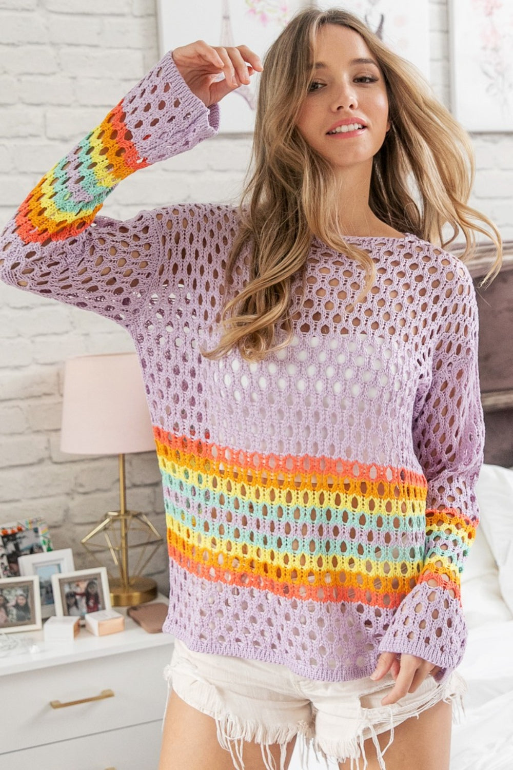 BiBi Rainbow Stripe Hollow Out Cover Up BiBi Rainbow Stripe Hollow Out Cover Up - TopFashionHQ
