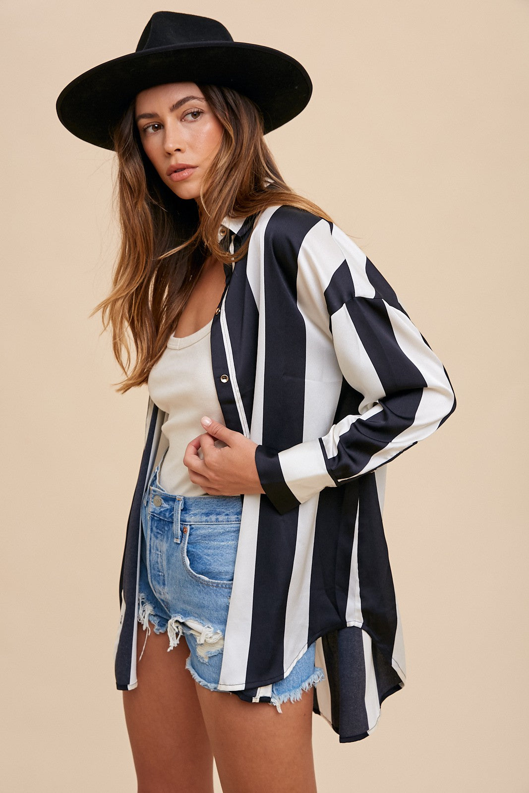 Annie Wear Striped Dropped Shoulder Button Up Shirt Annie Wear Striped Dropped Shoulder Button Up Shirt
