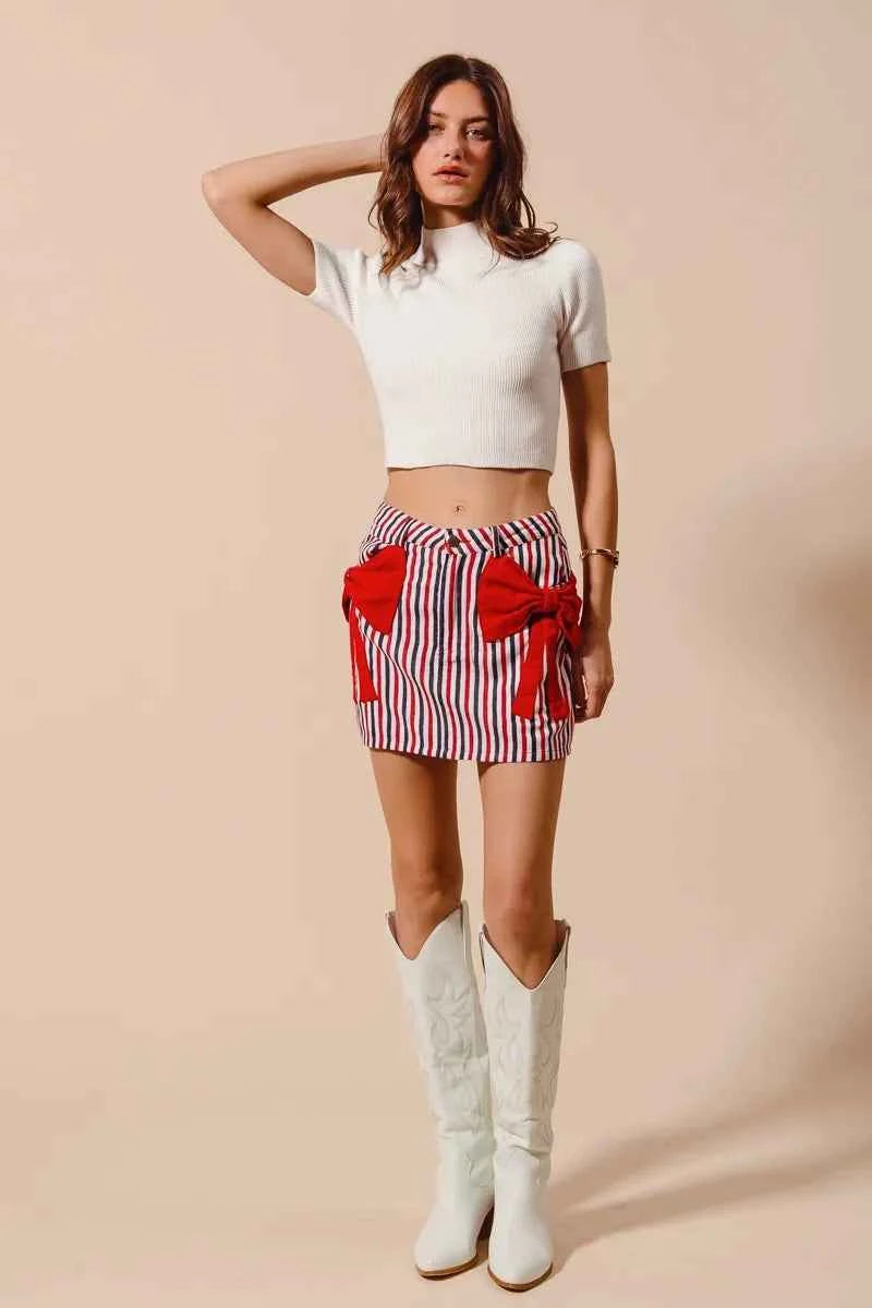 SO ME Contrast Bow Knot Pocket Fourth Of July Denim Skirt SO ME Contrast Bow Knot Pocket Fourth Of July Denim Skirt