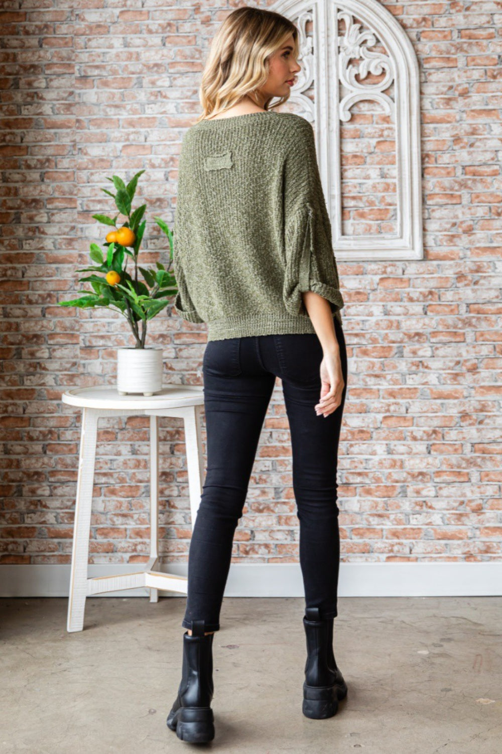 Veveret Round Neck Roll-Up Sweater Veveret Round Neck Roll-Up Sweater - TopFashionHQ