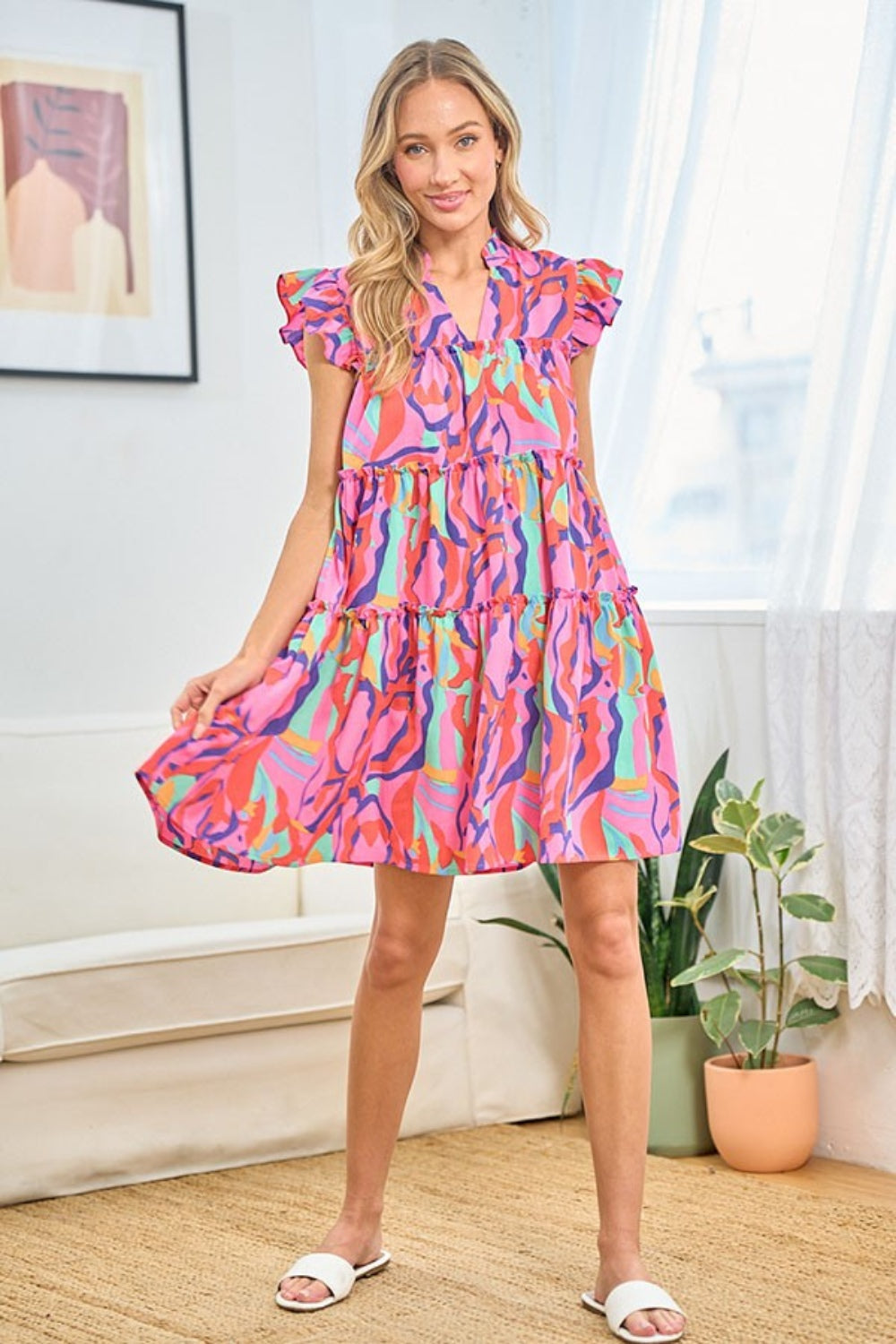 First Love Full Size Printed Ruffle Cap Sleeve Tiered Dress First Love Full Size Printed Ruffle Cap Sleeve Tiered Dress - TopFashionHQ