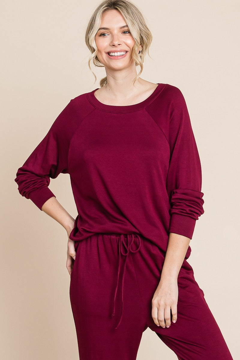 Super Lady Round Neck Raglan Sleeve Top and Pants Lounge Set Super Lady Round Neck Raglan Sleeve Top and Pants Lounge Set