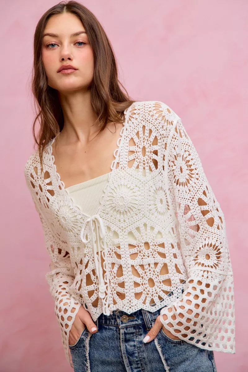 SO ME Floral Pattern Crochet Knit Tie Front Crop Cardigan 02c789e53637470eb62ccd2e76d03d99-Max-Origin