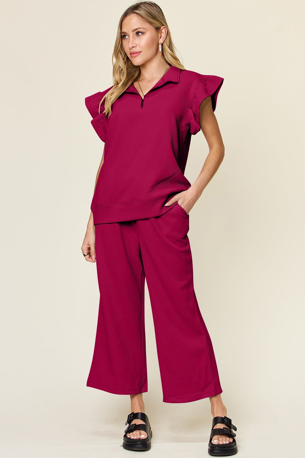 Double Take Texture Ruffle Short Sleeve Top and Drawstring Wide Leg Pants Set Double Take Texture Ruffle Short Sleeve Top and Drawstring Wide Leg Pants Set