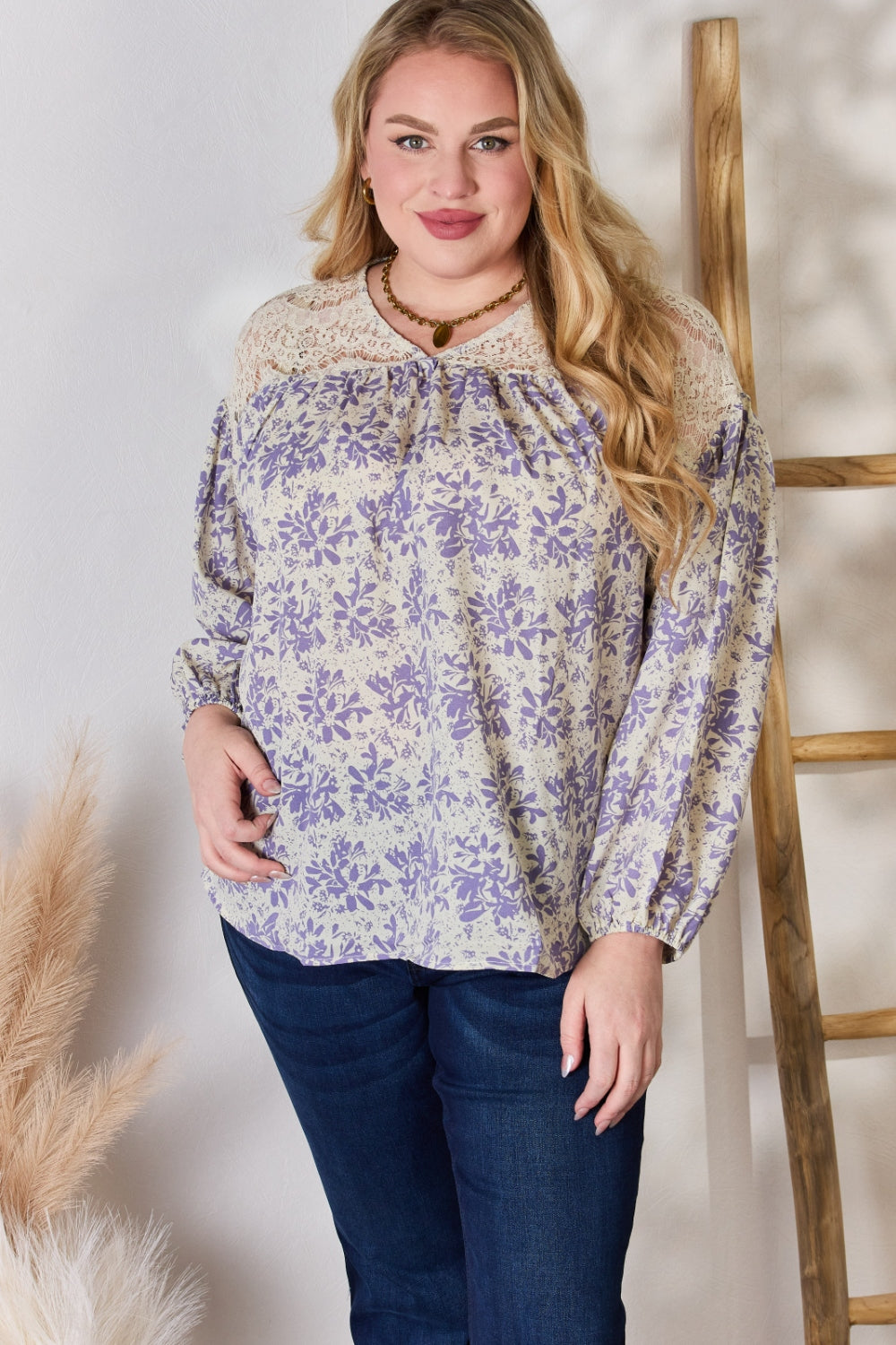 Hailey & Co Full Size Lace Detail Printed Blouse Hailey & Co Full Size Lace Detail Printed Blouse - TopFashionHQ