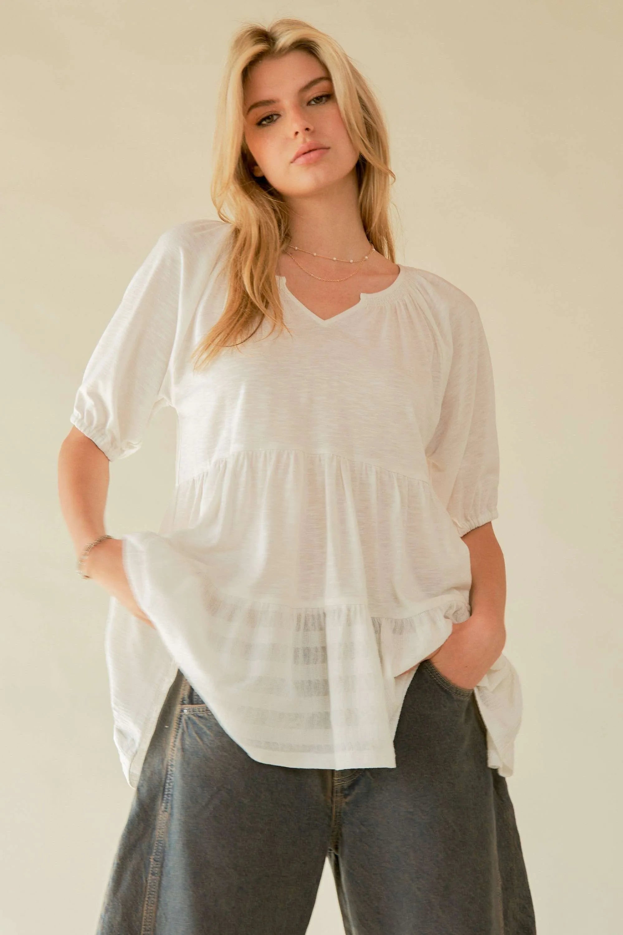 Davi & Dani Ruffled Flared Short Sleeve V Neck Blouse 02fab02f0e4a47d4a1e37d3f37cf5431-Max-Origin