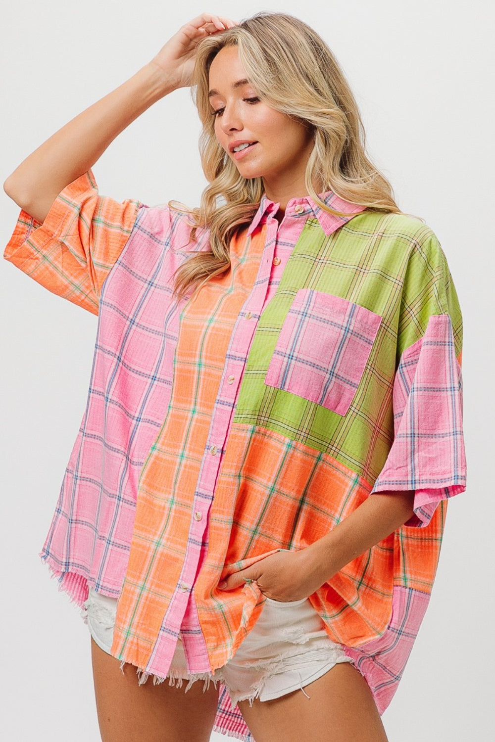BiBi Plaid Collared Neck Half Sleeve Shirt BiBi Plaid Collared Neck Half Sleeve Shirt - TopFashionHQ