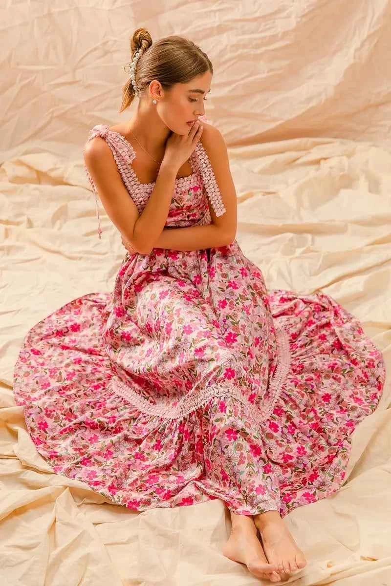 SO ME Floral Maxi Dress With Ribbon Tie Lace Strap SO ME Floral Maxi Dress With Ribbon Tie Lace Strap