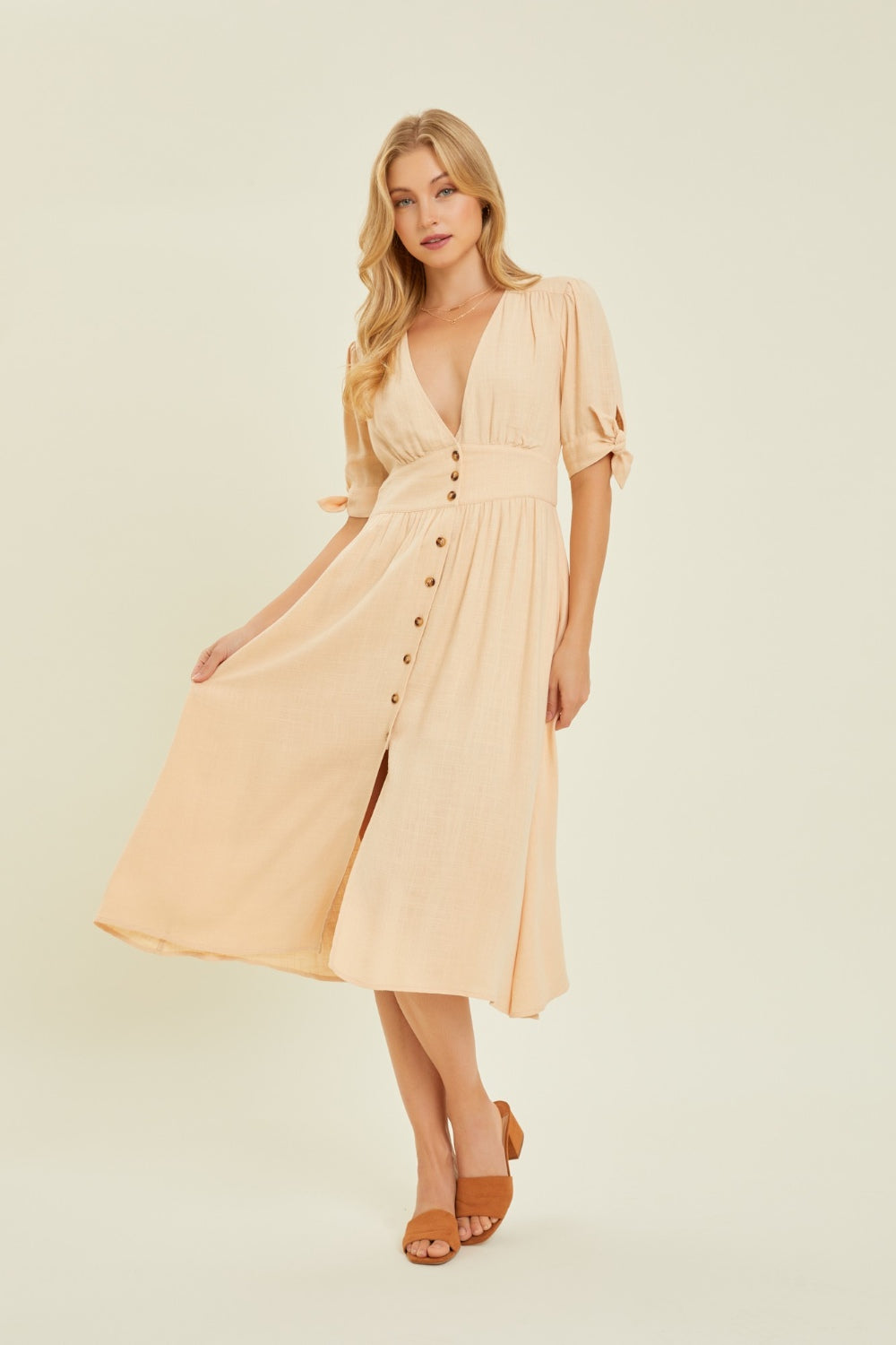 HEYSON Full Size Textured Linen V-Neck Button-Down Midi Dress HEYSON Full Size Textured Linen V-Neck Button-Down Midi Dress - TopFashionHQ
