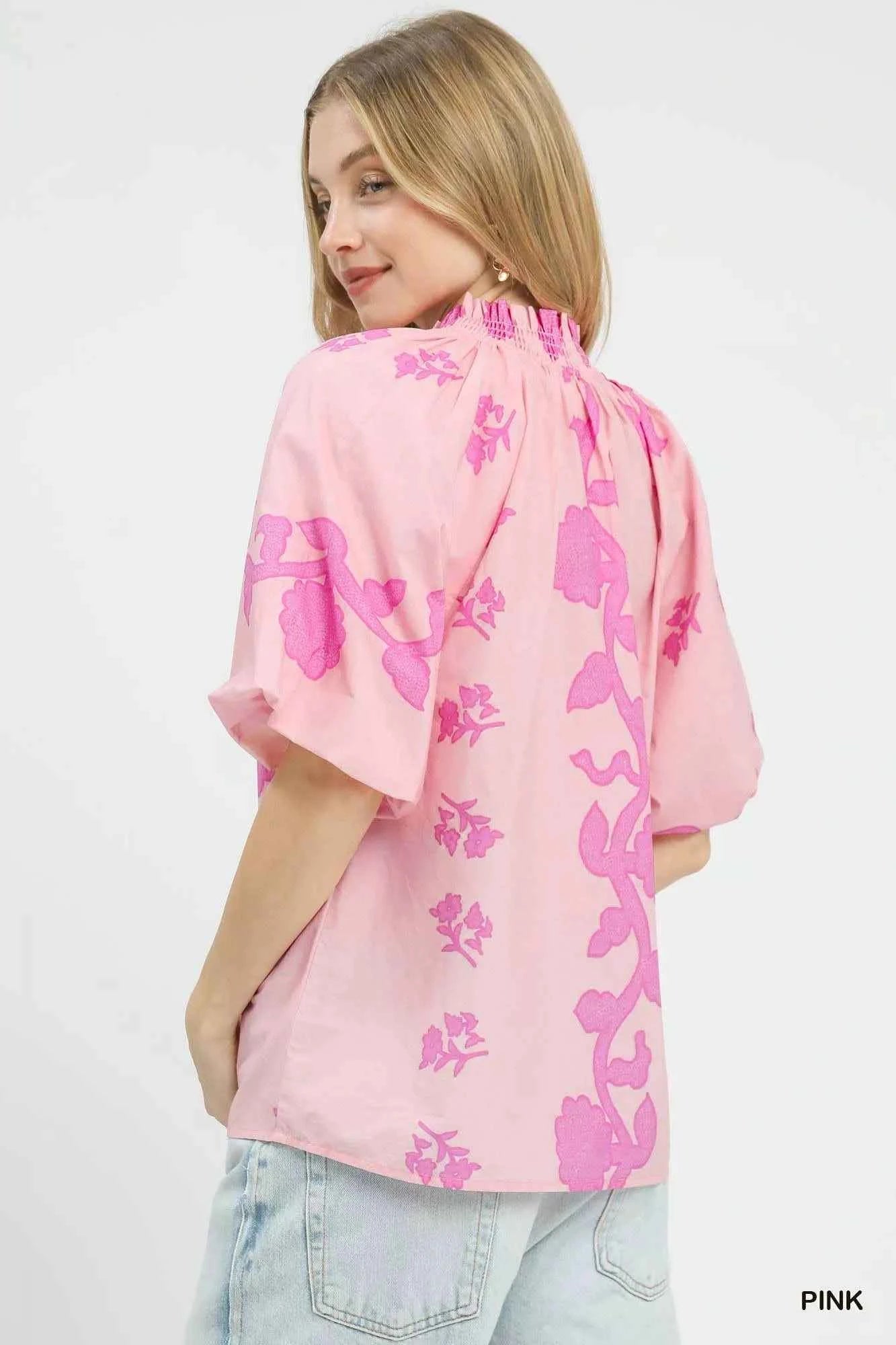 Umgee Floral Smocked Notched Puff Sleeve Blouse Umgee Floral Smocked Notched Puff Sleeve Blouse