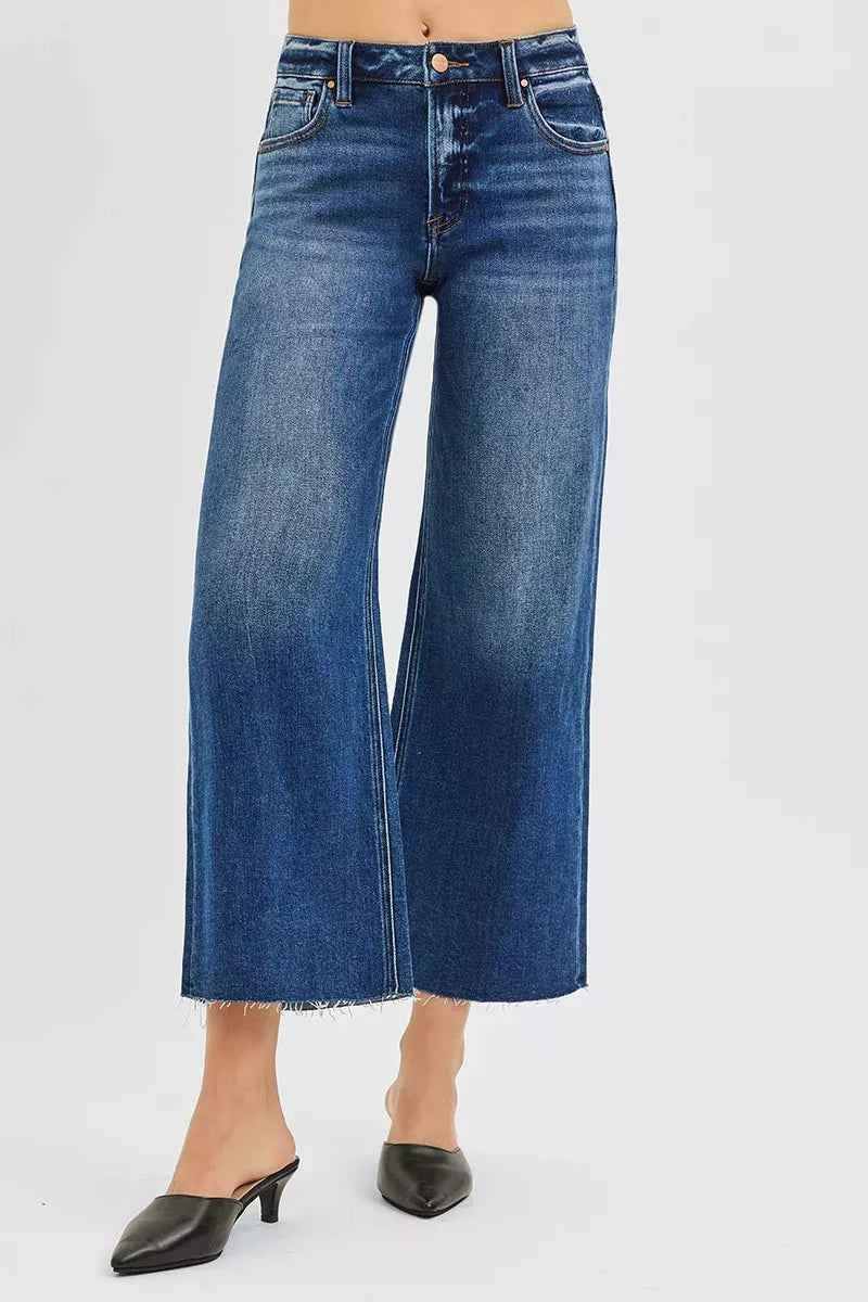 RISEN Full Size Mid Rise Crop Wide Raw Cut Hem Jeans Plus Size RISEN Full Size Mid Rise Crop Wide Raw Cut Hem Jeans Plus Size