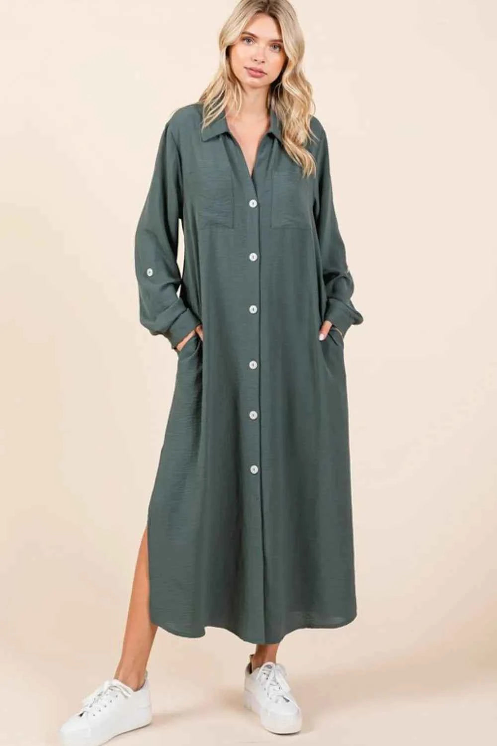 Mittoshop Airflow V-Neck Long Sleeve Button Down Maxi Dress Mittoshop Airflow V-Neck Long Sleeve Button Down Maxi Dress