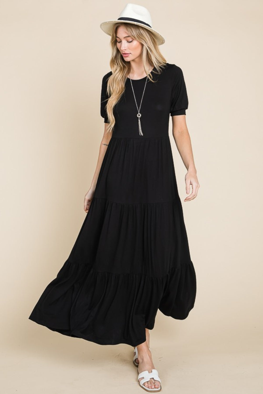 BOMBOM Short Sleeve Tiered Maxi Dress BOMBOM Short Sleeve Tiered Maxi Dress - TopFashionHQ
