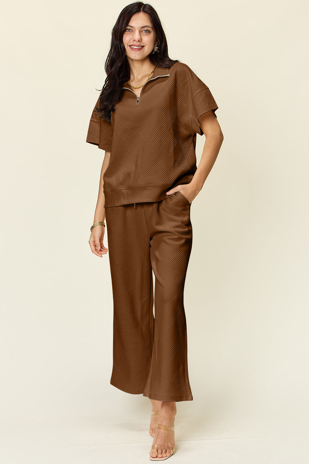 Double Take Full Size Texture Half Zip Short Sleeve Top and Pants Set Double Take Full Size Texture Half Zip Short Sleeve Top and Pants Set