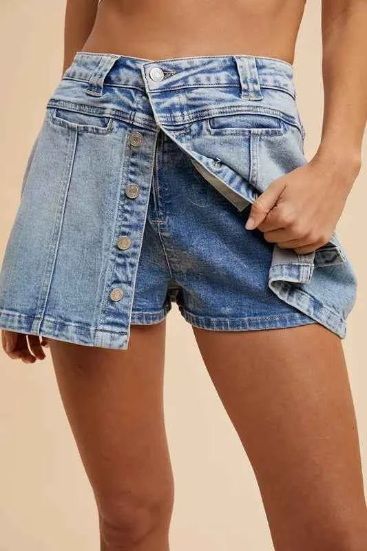 Annie Wear Button Detail Stretch Denim Wrap Mini Skort Annie Wear Button Detail Stretch Denim Wrap Mini Skort
