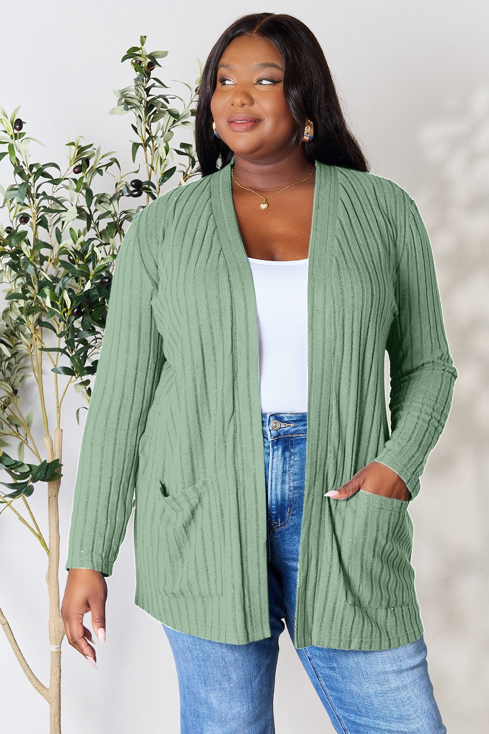 Basic Bae Full Size Ribbed Open Front Cardigan with Pockets Basic Bae Full Size Ribbed Open Front Cardigan with Pockets - TopFashionHQ