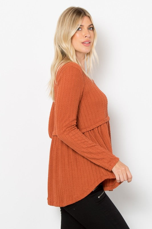 Be Stage Full Size Texture Babydoll Round Neck Long Sleeve Knit Top Be Stage Full Size Texture Babydoll Round Neck Long Sleeve Knit Top - TopFashionHQ
