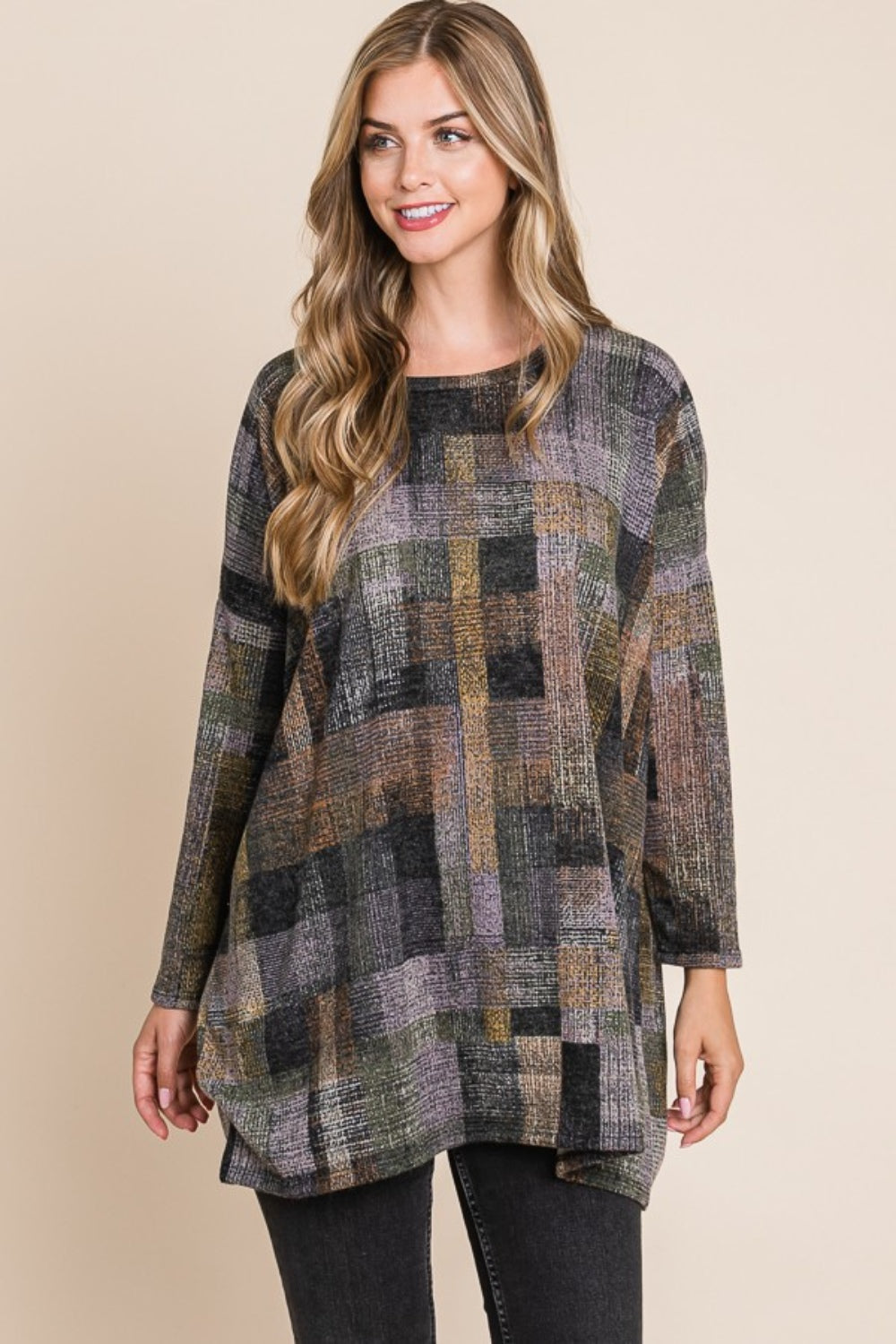 BOMBOM Plaid Round Neck Long Sleeve Top BOMBOM Plaid Round Neck Long Sleeve Top - TopFashionHQ