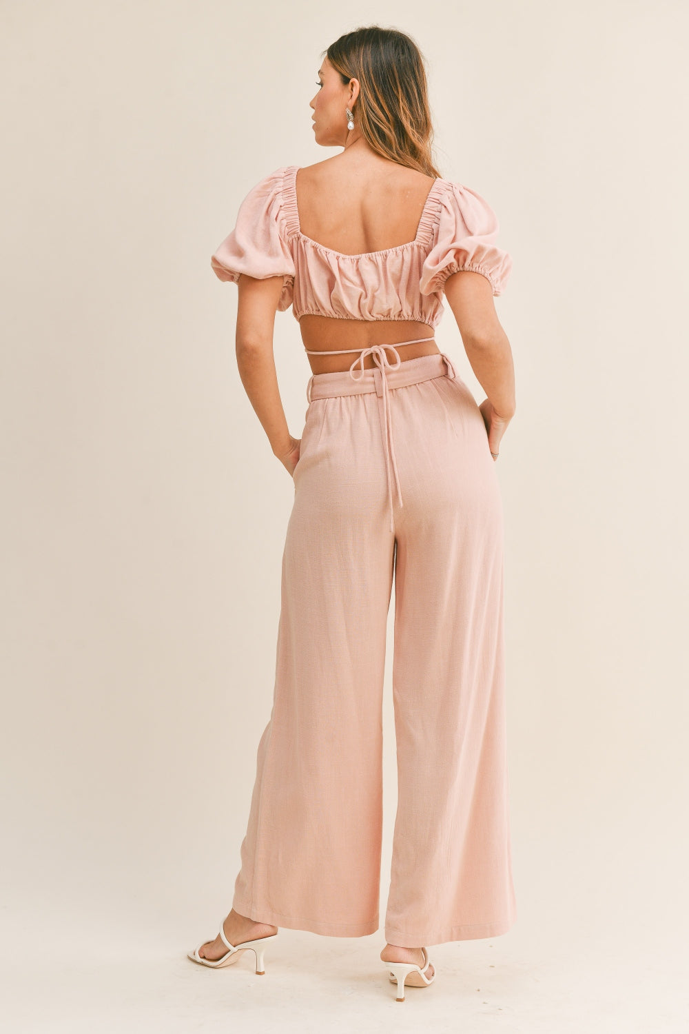 MABLE Cut Out Drawstring Crop Top and Belted Pants Set MABLE Cut Out Drawstring Crop Top and Belted Pants Set