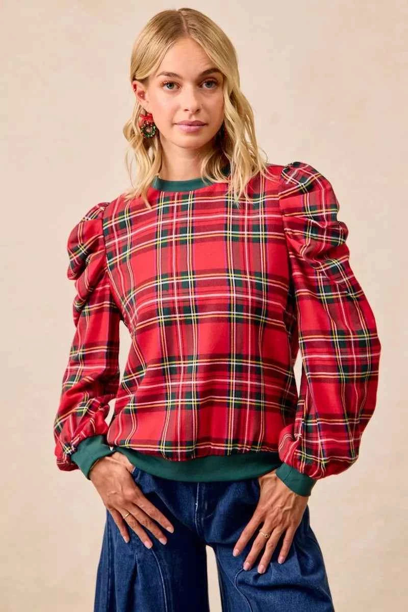BiBi Christmas Plaid Exaggerated Shoulder Sleeves Top BiBi Christmas Plaid Exaggerated Shoulder Sleeves Top