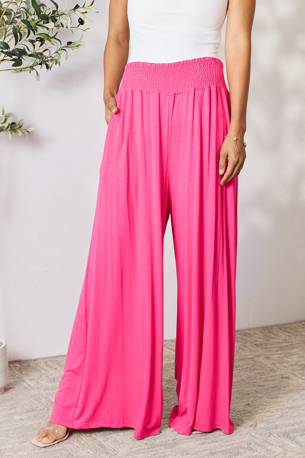Double Take Full Size Smocked Wide Waistband Wide Leg Pants Double Take Full Size Smocked Wide Waistband Wide Leg Pants - TopFashionHQ