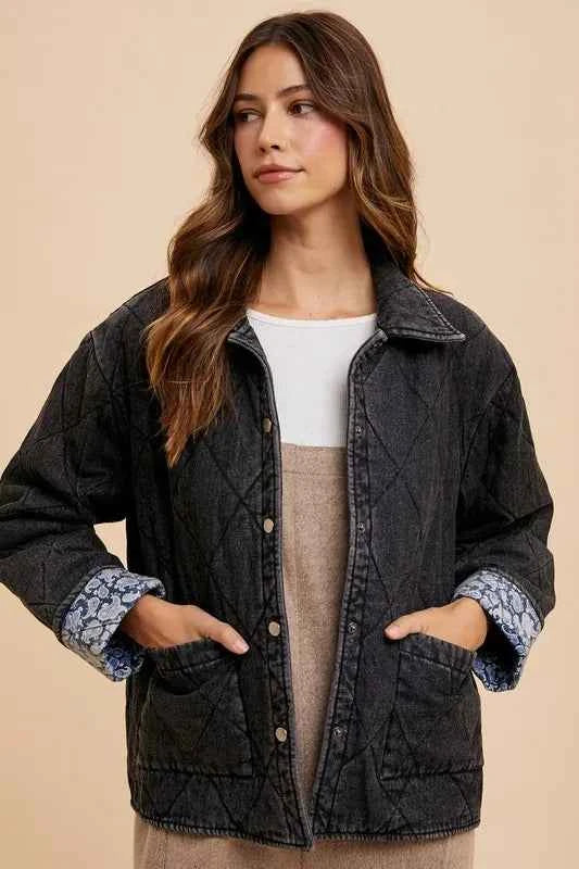 Annie Wear Quilted Printed Lining Snap Down Denim Jacket Annie Wear Quilted Printed Lining Snap Down Denim Jacket