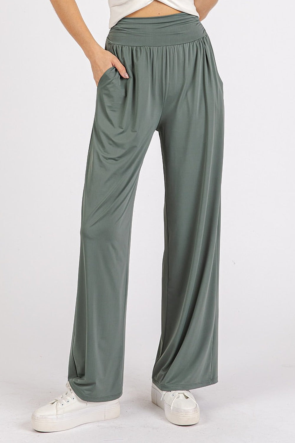 Mittoshop Stretch Banded Waist Wide Leg Pants with Pockets Mittoshop Stretch Banded Waist Wide Leg Pants with Pockets